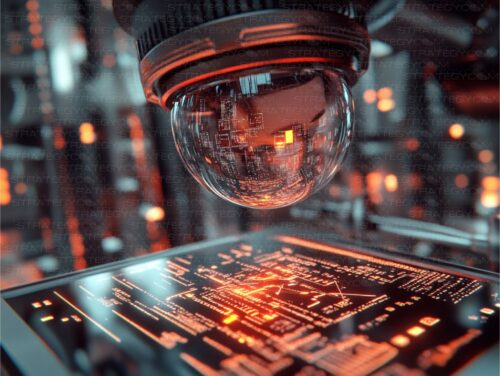 "Microscope holographique en train d’analyser une interface numérique futuriste, illustrant l’innovation en recherche scientifique."