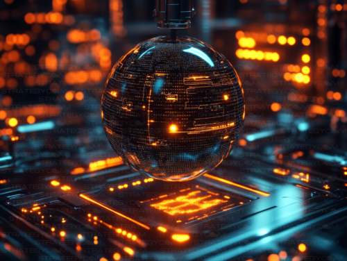 Sphère lumineuse cybernétique suspendue au-dessus d’un processeur futuriste dans un univers technologique avancé.