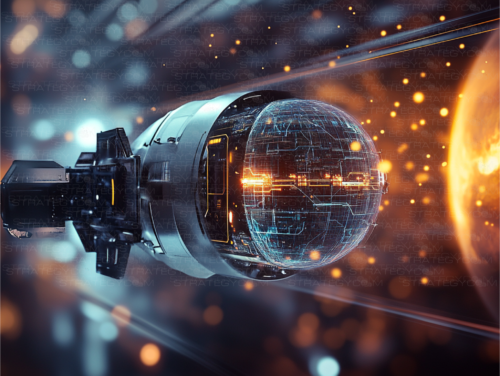Capsule spatiale cybernétique avec un noyau énergétique quantique, traversant l’espace avec des lumières futuristes et une planète en arrière-plan.