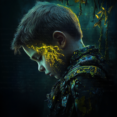 Image d’un enfant cyberpunk à l’armure organique, éclairé par des motifs dorés bioluminescents, dans une forêt futuriste.