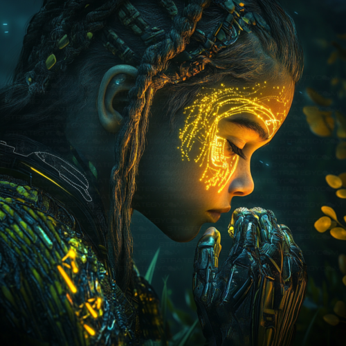 Illustration numérique de Sienna, une jeune fille aux tatouages lumineux dorés et au bras cybernétique, en prière dans un environnement végétal mystique.