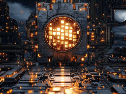 Visuel cyberpunk détaillé d’un noyau énergétique lumineux dans un paysage industriel sombre et high-tech.
