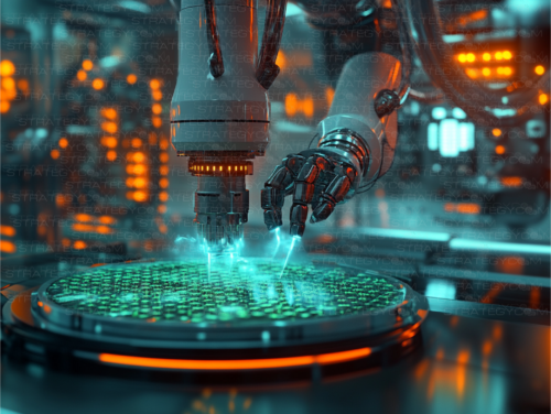 "Main robotique et laser interagissant avec une plateforme technologique avancée dans un laboratoire futuriste."