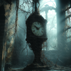 Horloge gothique figée dans une ruine envahie de racines, ambiance brumeuse et poétique.