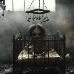 Poupée abandonnée dans un berceau ancien, dans une pièce sombre et brumeuse – visuel gothique mélancolique de la collection NFT 13 MÉLANCOLIES par Laetitia Bolard.