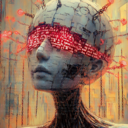 Portrait numérique d’un androïde féminin au regard masqué par du code rouge, câblé au niveau du cou, suspendu par des chaînes lumineuses.