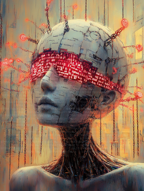 Portrait numérique d’un androïde féminin au regard masqué par du code rouge, câblé au niveau du cou, suspendu par des chaînes lumineuses.