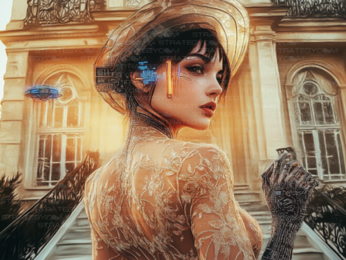 Portrait d’une femme cybernétique en robe de duchesse, dans un décor aristocratique avec lumière dorée, style rétrofuturiste.