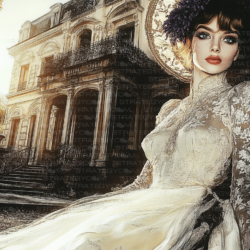 Femme habillée en comtesse romantique avec robe en dentelle, assise devant un manoir au coucher du soleil.