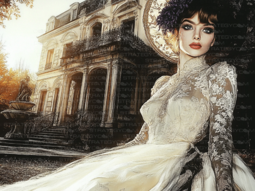 Femme habillée en comtesse romantique avec robe en dentelle, assise devant un manoir au coucher du soleil.