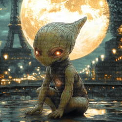 Illustration d’un enfant-alien cyberpunk accroupi sous la pleine lune à Paris, symbolisant une gargouille futuriste entre innocence et technologie.