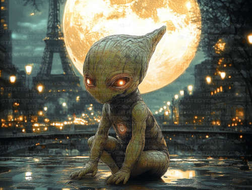 Illustration d’un enfant-alien cyberpunk accroupi sous la pleine lune à Paris, symbolisant une gargouille futuriste entre innocence et technologie.