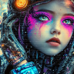 Portrait stylisé d’une enfant cyberpunk aux larmes néon, combinaison tech, regard intense, ambiance futuriste colorée.