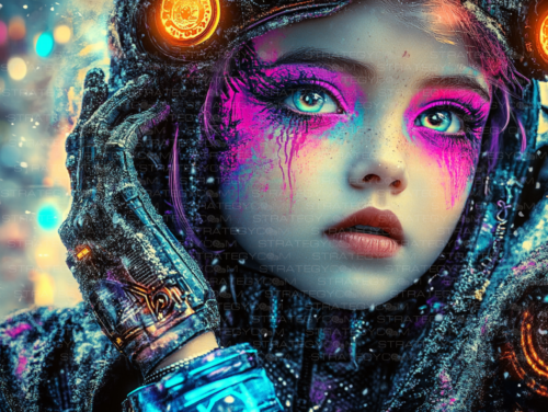 Portrait stylisé d’une enfant cyberpunk aux larmes néon, combinaison tech, regard intense, ambiance futuriste colorée.