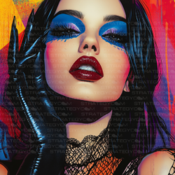 Portrait d’une femme au maquillage intense dans un style pop art et glamour sombre, sur fond coloré et expressif.