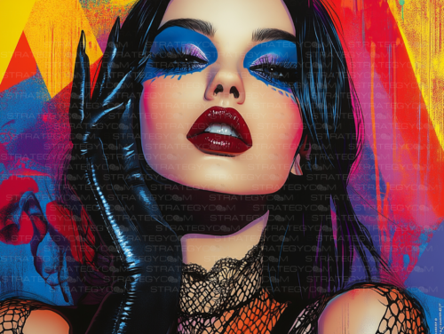 Portrait d’une femme au maquillage intense dans un style pop art et glamour sombre, sur fond coloré et expressif.