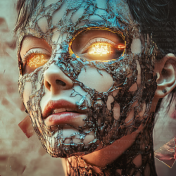 Portrait d’un visage féminin fissuré, recouvert d’un maillage noir, dont les yeux irradient une lumière orange codée. Éclats de verre en suspension.