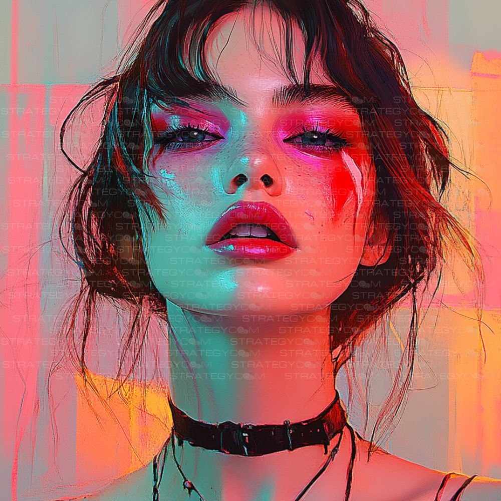 Sad Lady – illustration numérique d’une femme au regard perçant et maquillage fluide, dans un décor coloré et contrasté.