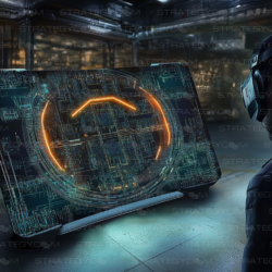 Homme en casque de réalité virtuelle face à un écran circulaire numérique futuriste dans un espace industriel high-tech.