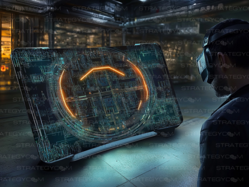 Homme en casque de réalité virtuelle face à un écran circulaire numérique futuriste dans un espace industriel high-tech.