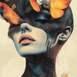 Portrait féminin artistique avec papillons orange et textures surréalistes, illustration numérique pour papeterie fine.