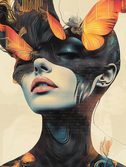 Portrait féminin artistique avec papillons orange et textures surréalistes, illustration numérique pour papeterie fine.