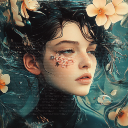 Illustration numérique d’un visage féminin sous l’eau, entouré de fleurs flottantes, dans une atmosphère bleue, douce et mystérieuse.