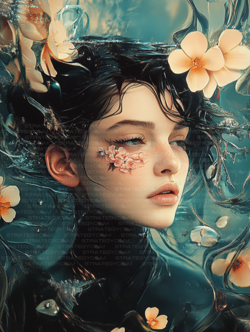 Illustration numérique d’un visage féminin sous l’eau, entouré de fleurs flottantes, dans une atmosphère bleue, douce et mystérieuse.