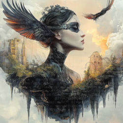 Portrait féminin au maquillage noir, avec une aile sur la tête, devant un paysage de ruines suspendues dans le ciel.