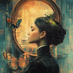 Portrait de profil d'une femme en robe victorienne, encadrée de papillons, avec un fond circulaire mêlant textures dorées, motifs technologiques et éléments organiques.