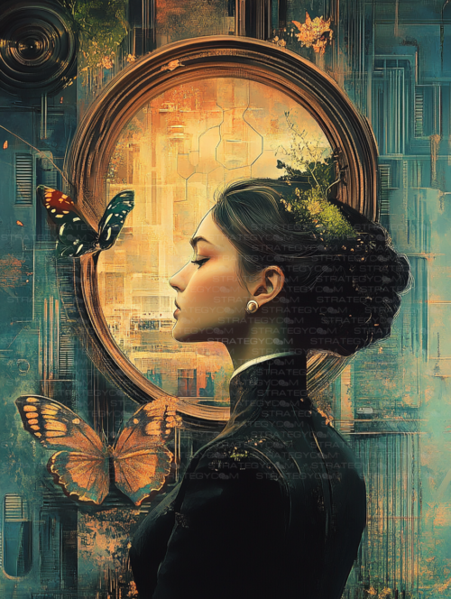 Portrait de profil d'une femme en robe victorienne, encadrée de papillons, avec un fond circulaire mêlant textures dorées, motifs technologiques et éléments organiques.