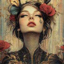 Illustration numérique d’une femme aux yeux clos, ornée de papillons, de roses et de dorures, dans un décor baroque riche et symbolique.