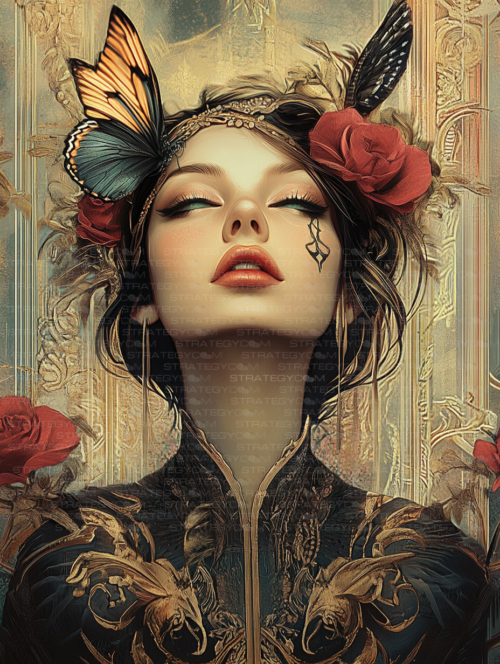 Illustration numérique d’une femme aux yeux clos, ornée de papillons, de roses et de dorures, dans un décor baroque riche et symbolique.