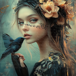Portrait artistique d’une femme aux cheveux ornés de fleurs, tenant un oiseau noir du bout des doigts, sur un fond végétal aux teintes froides et surnaturelles.