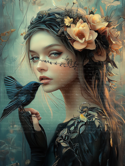 Portrait artistique d’une femme aux cheveux ornés de fleurs, tenant un oiseau noir du bout des doigts, sur un fond végétal aux teintes froides et surnaturelles.