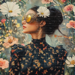 Portrait d’une femme en robe noire fleurie, portant des lunettes dorées, entourée de grandes fleurs pastel sur un fond texturé.