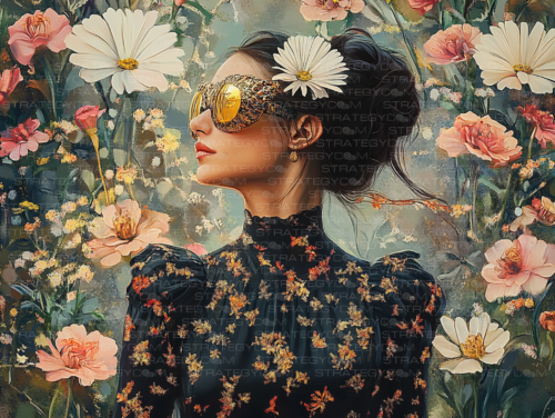 Portrait d’une femme en robe noire fleurie, portant des lunettes dorées, entourée de grandes fleurs pastel sur un fond texturé.