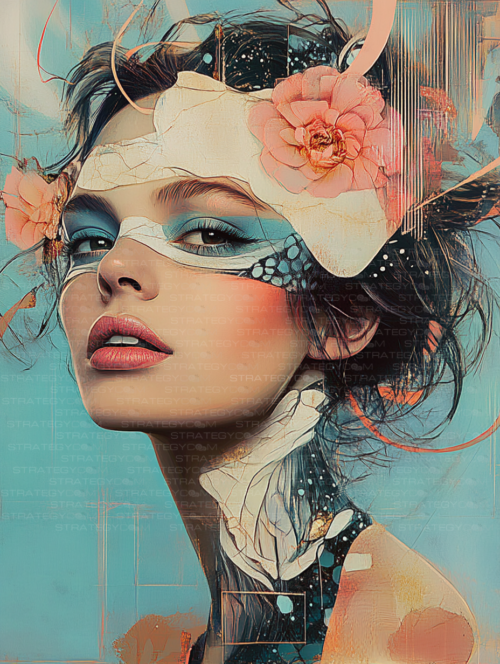 Portrait féminin artistique avec fleurs roses et textures abstraites sur fond bleu, illustration numérique pour papeterie fine.