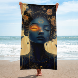 Visuel de la serviette Luz Dorada : portrait féminin stylisé avec éclats dorés et motifs spirituels, art numérique imprimé à la demande.