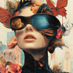 Portrait de femme avec lunettes noires, papillons rouges et fleurs orange, illustration numérique pour papeterie artistique.