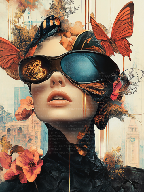 Portrait de femme avec lunettes noires, papillons rouges et fleurs orange, illustration numérique pour papeterie artistique.