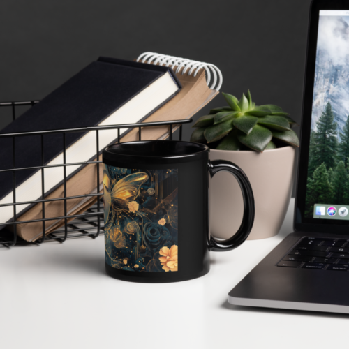 Mug en céramique noir brillant – design épuré sur fond neutre