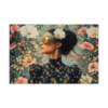 Carte postale illustrée d’une femme en robe fleurie, lunettes dorées et fond de fleurs éclatantes, œuvre digitale poétique.