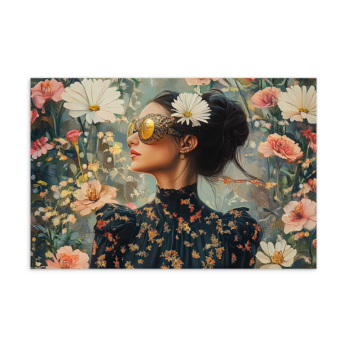 Carte postale illustrée d’une femme en robe fleurie, lunettes dorées et fond de fleurs éclatantes, œuvre digitale poétique.