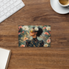 Carte postale illustrée d’une femme en robe fleurie, lunettes dorées et fond de fleurs éclatantes, œuvre digitale poétique.