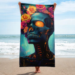 Serviette de plage Catalina avec motif floral numérique aux couleurs vives sur fond cybernétique, création Strategycom AI.