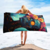 Serviette de plage Catalina avec motif floral numérique aux couleurs vives sur fond cybernétique, création Strategycom AI.